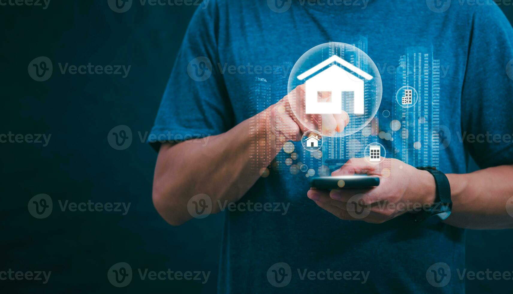 Planning and strategy, stock market, business growth, progress or success concept, businessman or trader showing real estate stock Virtual holograms, invest in stock market trading or digital assets. photo