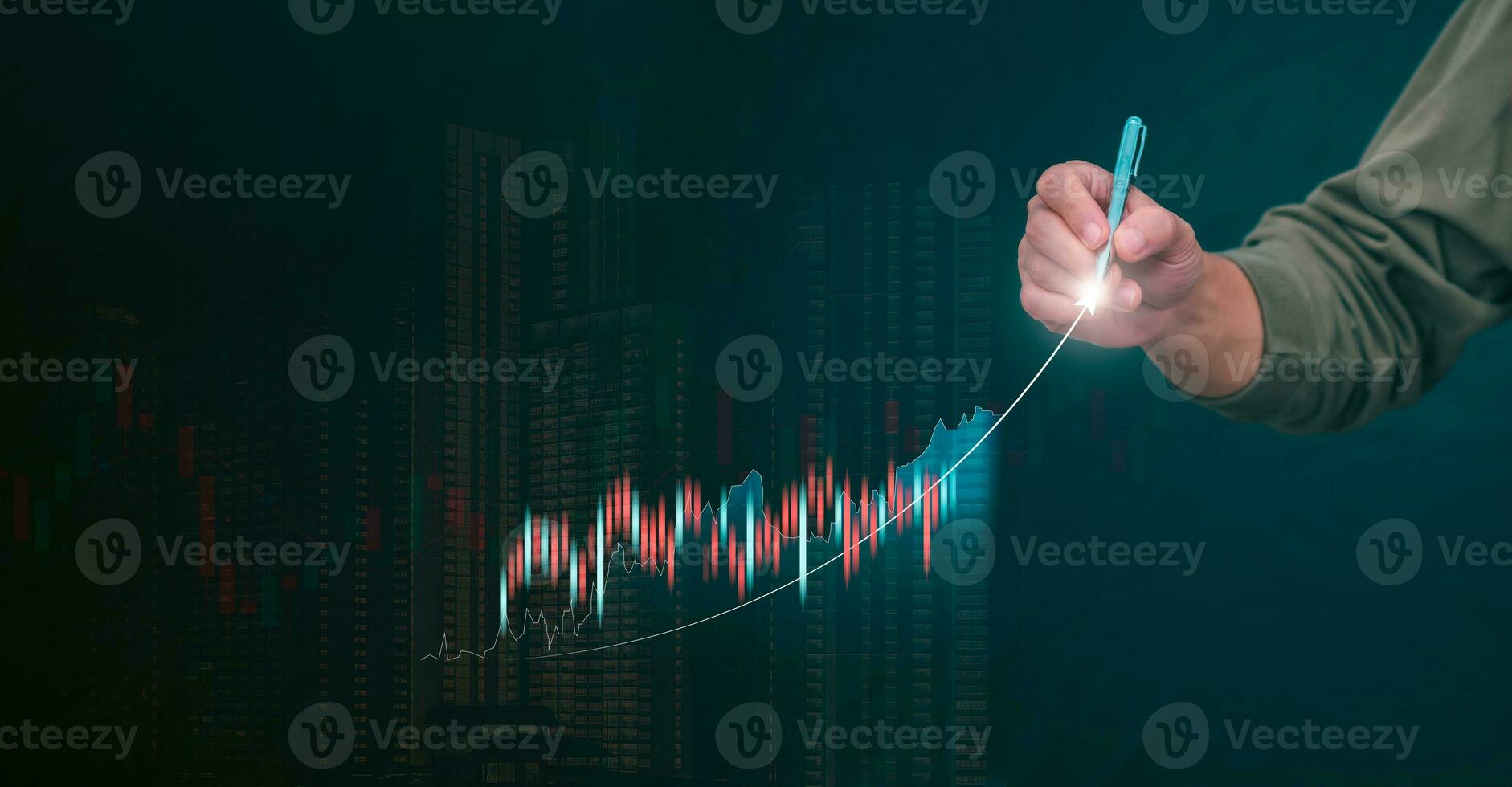 Planning and strategy, stock market, business growth, progress or success concept, businessman or trader showing growing virtual holographic stocks, invest in stock market trading or digital assets photo