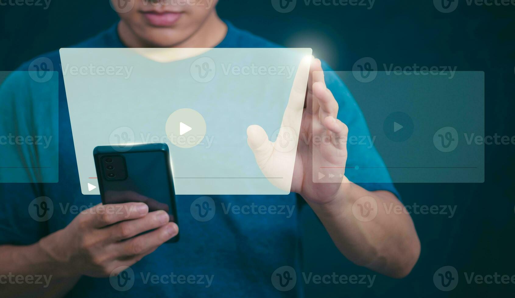 The man using smartphones, watching videos and studying online courses With the internet, the concept of global data connection with technology internet, big data, information search, online marketing photo