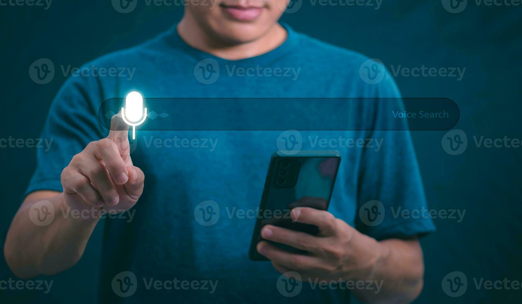 Information data search technology, search optimization, male hand using voice search, using the search bar function on your website, big data, automatic operation photo