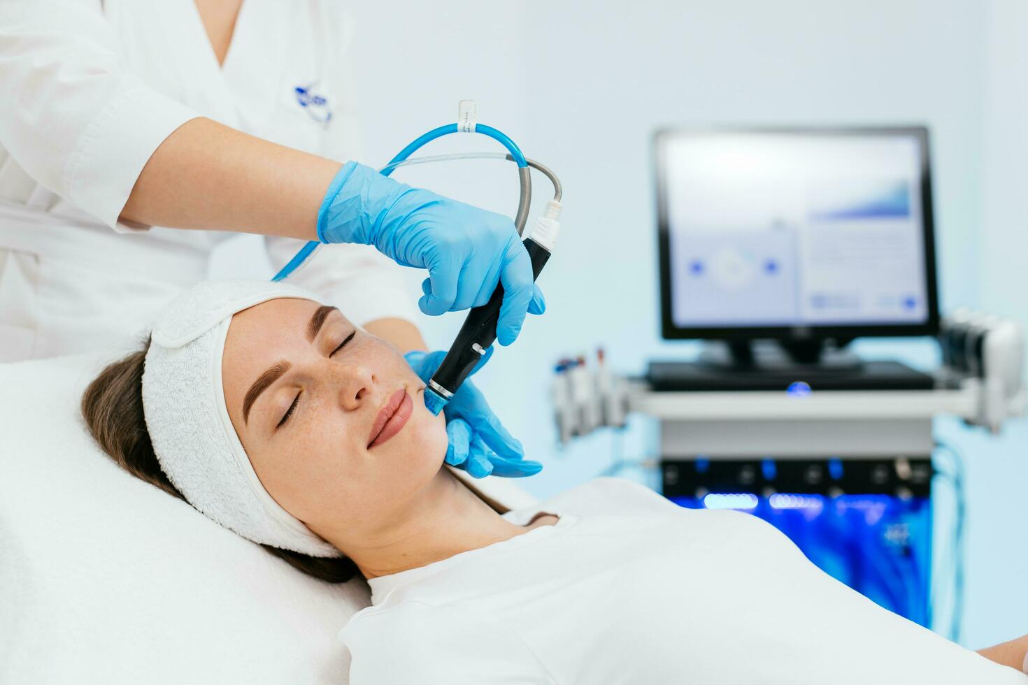 Cosmetology clinic. Professional female cosmetologist doing hydrafacial procedure while being a work. Attractive nice woman lying on the medical bed while having beauty procedures photo