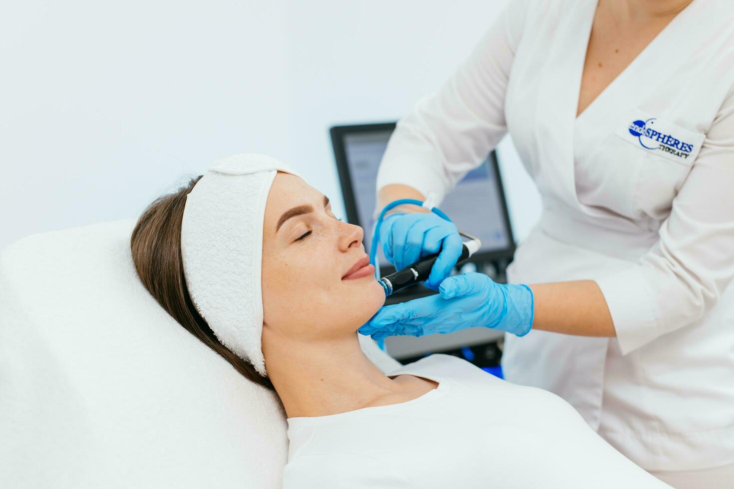 Cosmetology clinic. Professional female cosmetologist doing hydrafacial procedure while being a work. Attractive nice woman lying on the medical bed while having beauty procedures photo