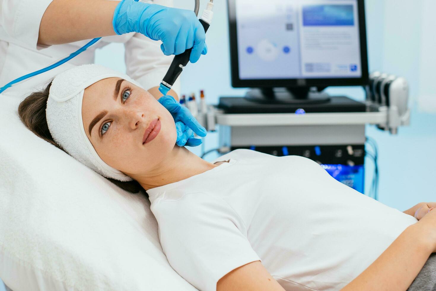 Cosmetology clinic. Professional female cosmetologist doing hydrafacial procedure while being a work. Attractive nice woman lying on the medical bed while having beauty procedures photo