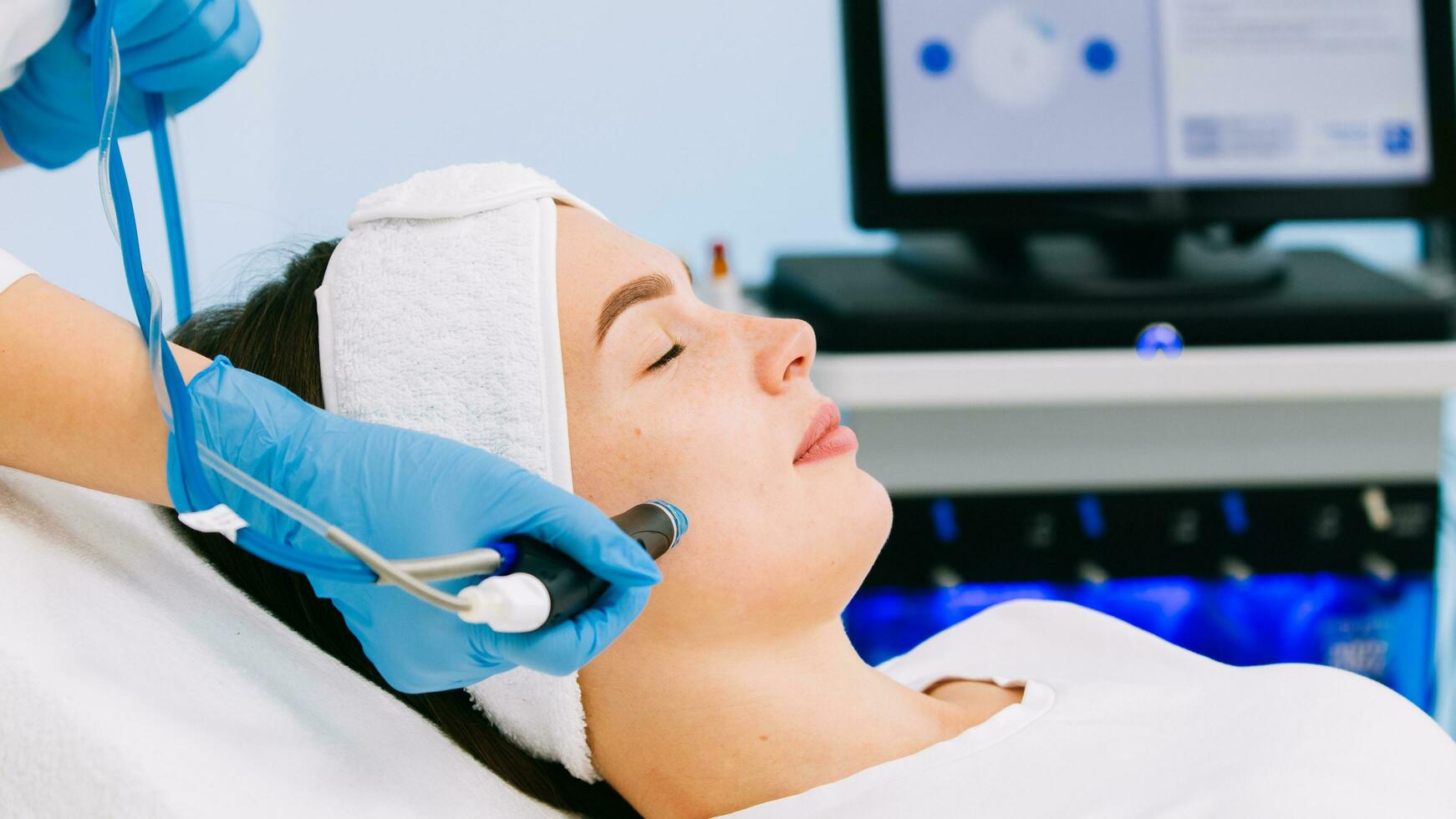 Cosmetology clinic. Professional female cosmetologist doing hydrafacial procedure while being a work. Attractive nice woman lying on the medical bed while having beauty procedures photo