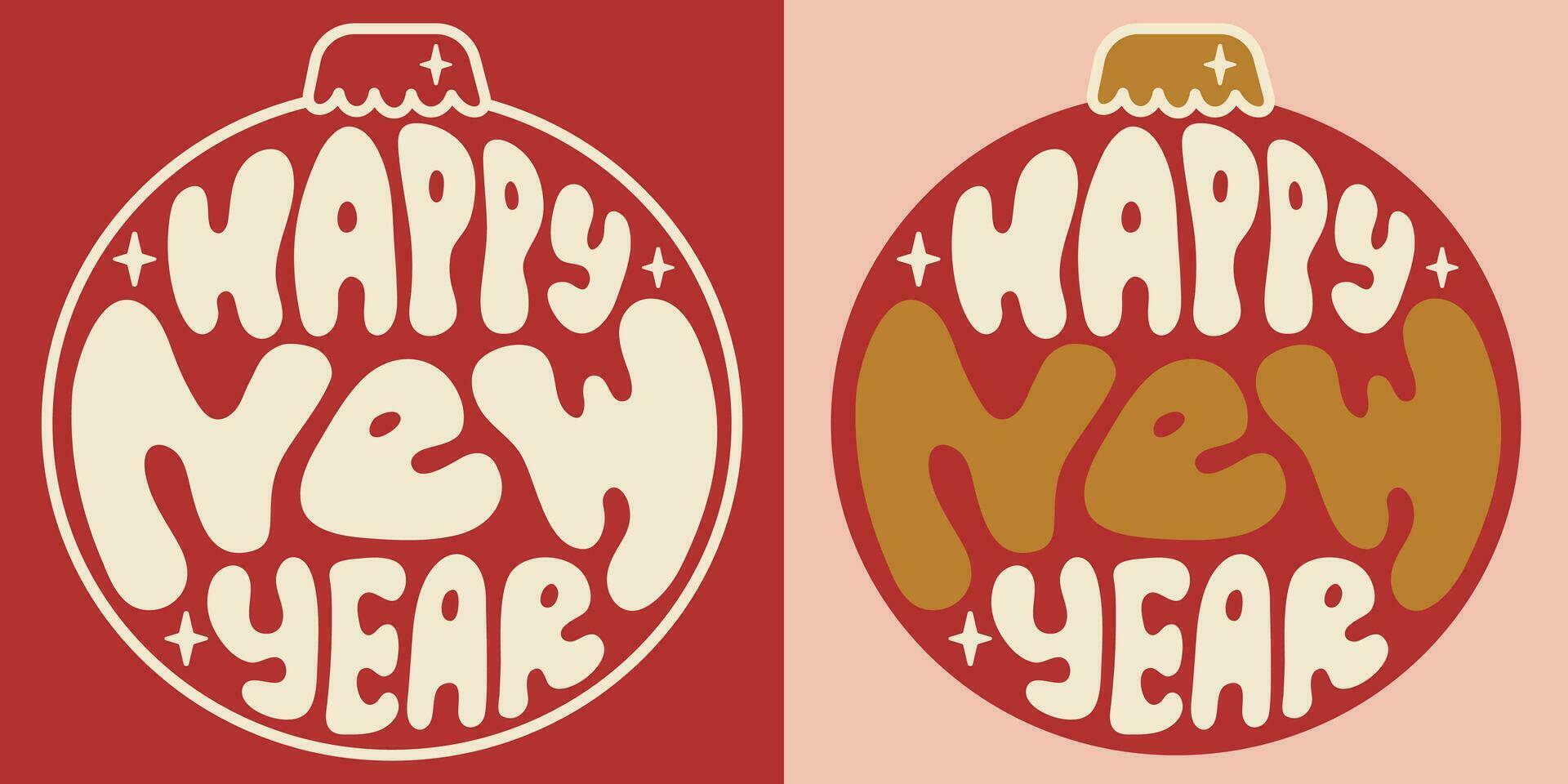 Retro groovy lettering Happy New Year in ball. Round slogan in vintage style 60s 70s. Trendy groovy print design for background, posters, cards, tshirts. vector