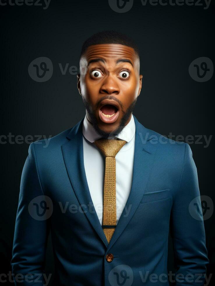 young man with African features dressed in a suit who appears to be shocked AI Generative photo