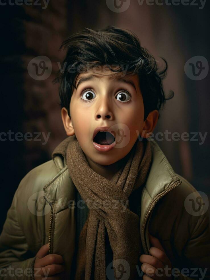 young kid with Indian features who appears to be shocked AI Generative photo