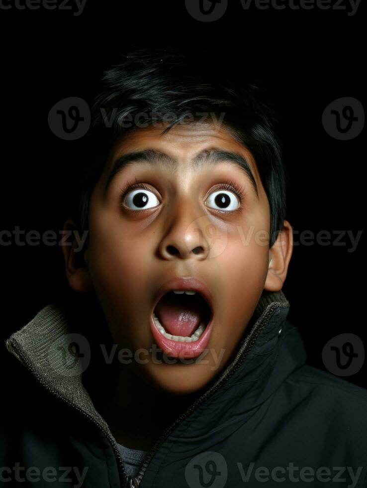 young kid with Indian features who appears to be shocked AI Generative photo