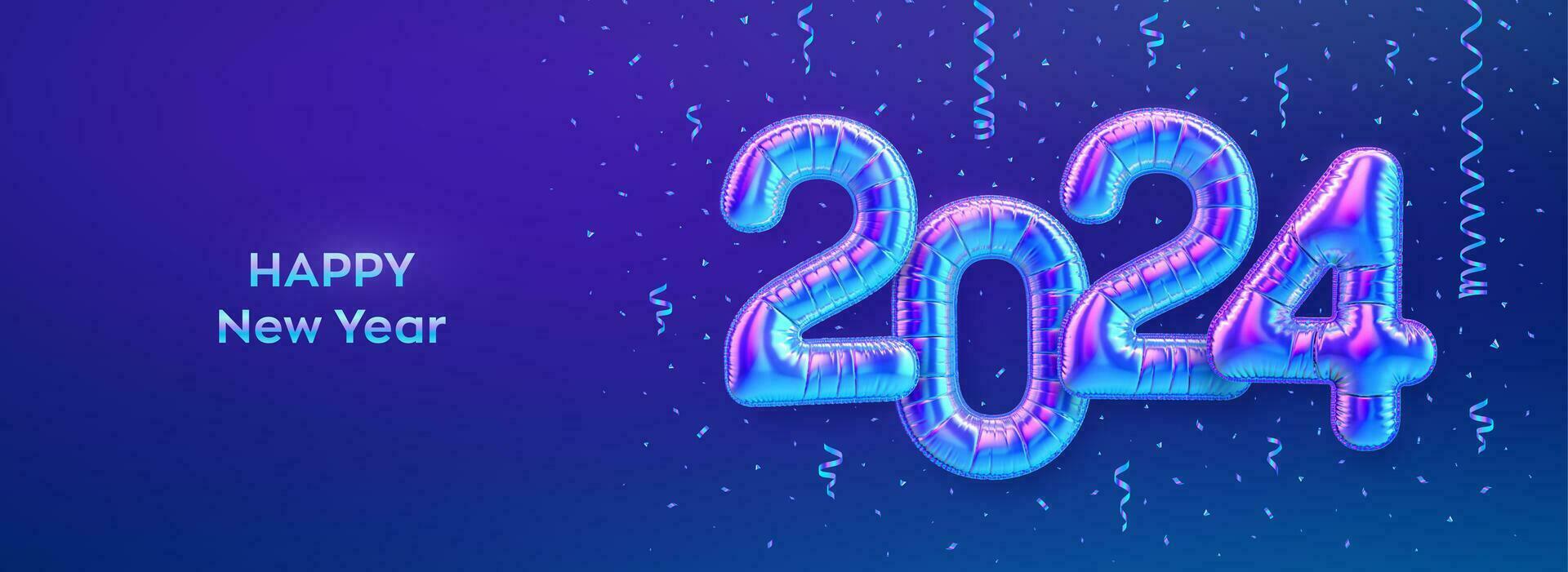 Happy New 2024 Year. Colorful foil balloon numbers on blue background. High detailed 3D iridescent foil helium balloons. Merry Christmas and Happy New Year 2024 greeting card. Vector illustration.