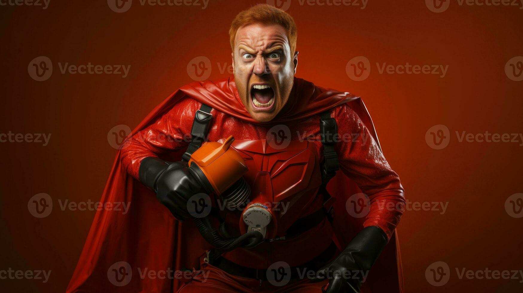 Funny red haired man dressed like a superhero with a gas mask isolated on orange background. photo
