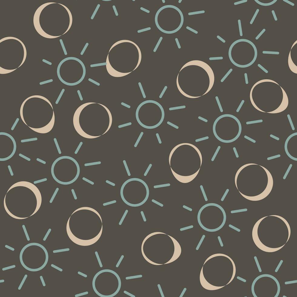 Astronomical sun and circles shapes on dark background. Boho style seamless pattern grey. vector
