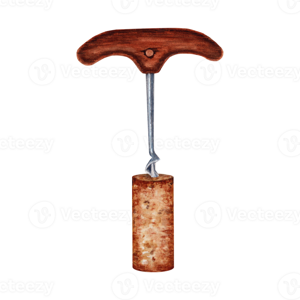 Wooden corkscrew with wine cork isolated on transparent background. Hand drawn watercolor illustration. Vineyard wine tasting element. Collection perfect for menus, restaurants, wine bars, invitations png