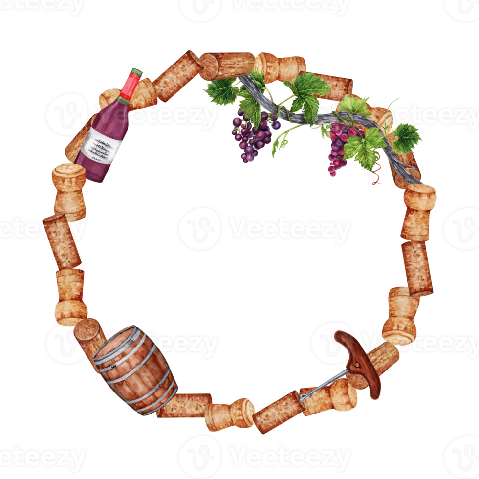 Wreath round frame with wine corks, bunch of grapes, wooden barrel and a bottle of red wine. Watercolor illustration on transparent background  perfect for invitations, menus and card designs. png