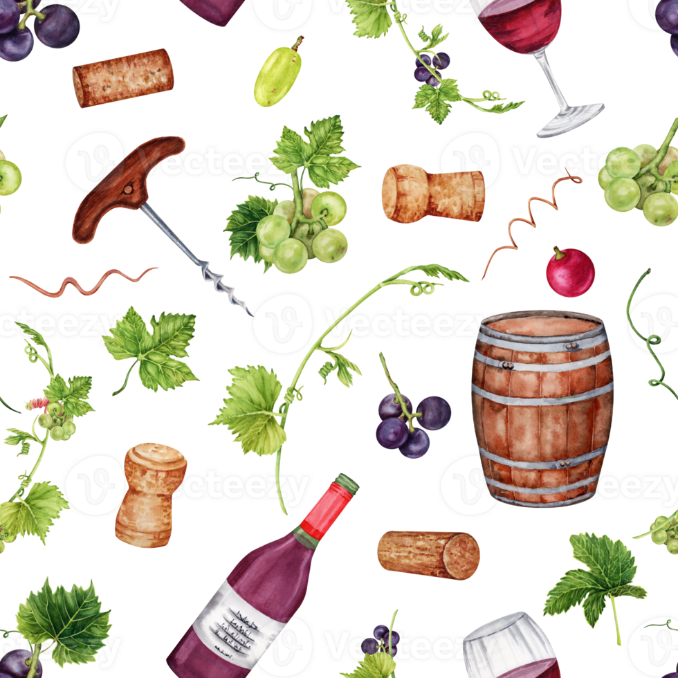 Seamless pattern with grapes, green leaves, grape vines, barrel, red wine bottle, wine corks and screw. Hand drawn watercolor illustration. png