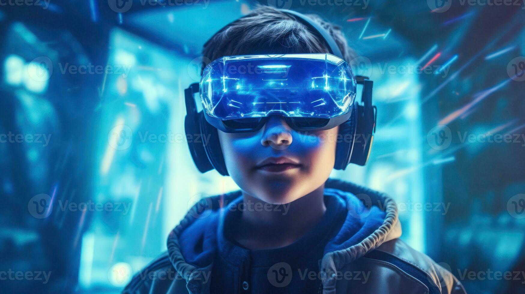 A person wearing Virtual reality glasses in technology background AI Generative photo