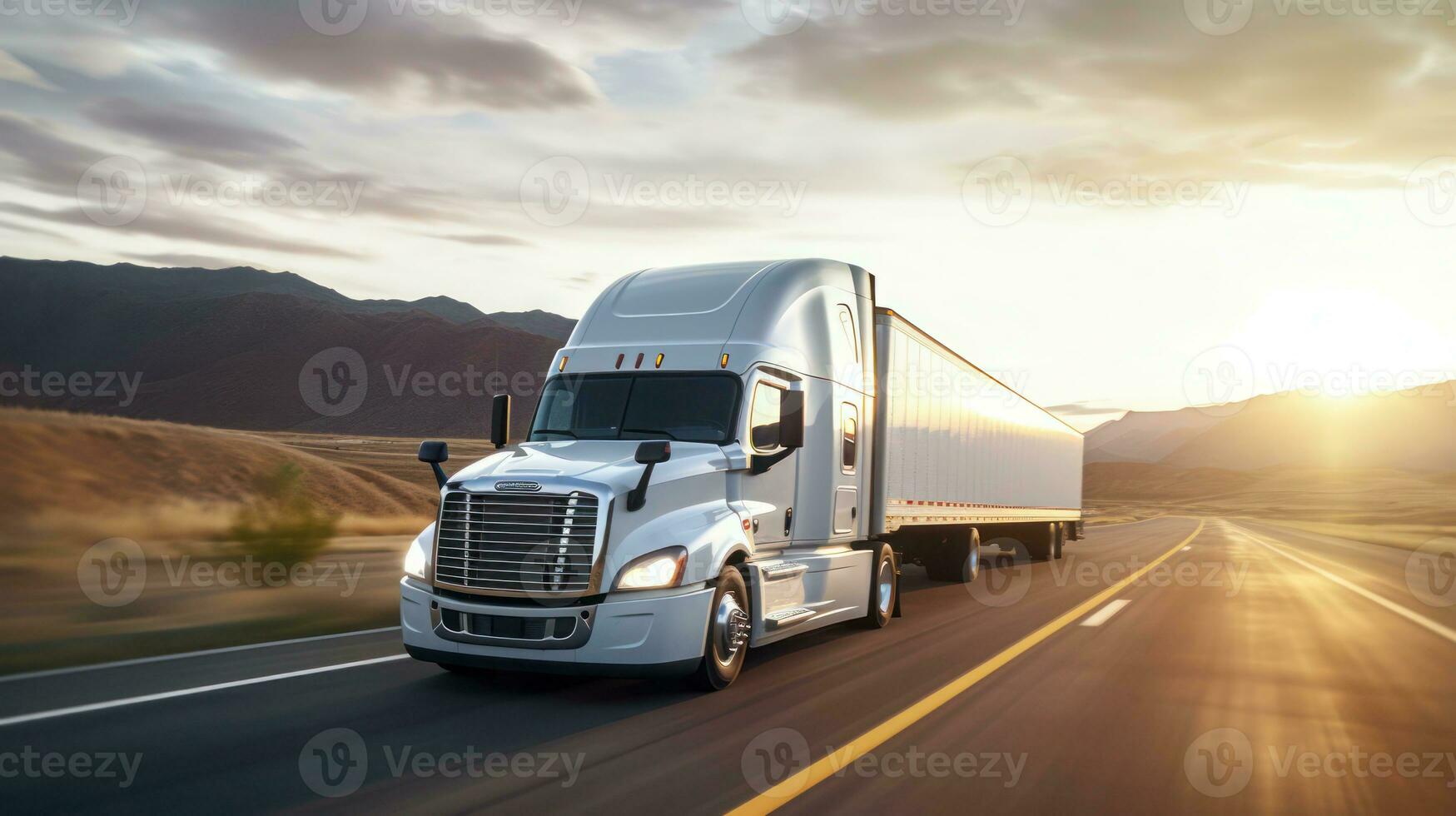 Heavy vehicle truck on highway road with mountain background AI Generative photo