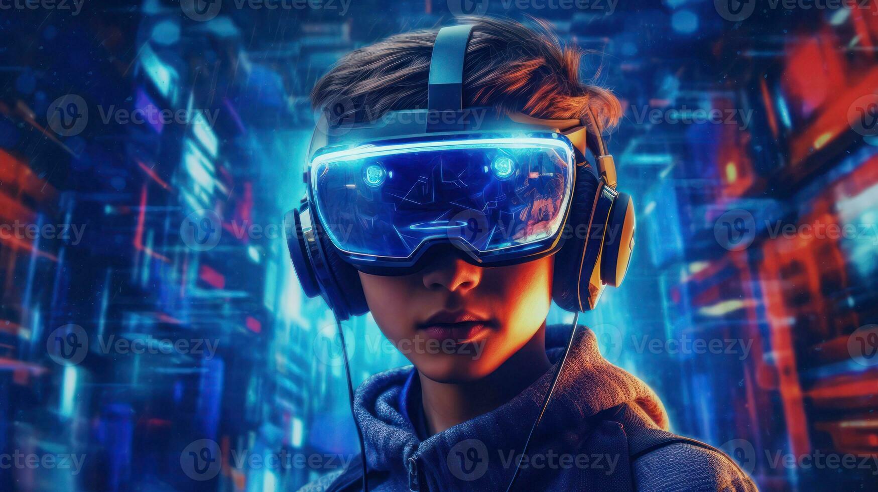 A person wearing Virtual reality glasses in technology background AI Generative photo