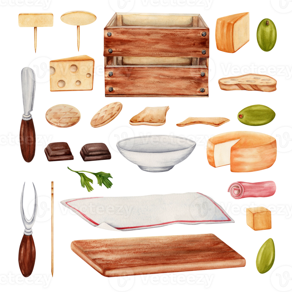 Picnic tasting menu set with cheese slices, olives, ham, crackers, serving board, table cloth, wooden crate, knife and fork and a plate. Watercolor illustration isolated on transparent background. png