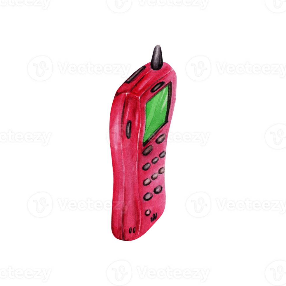 kant visie van een roze Jaren 90 mobiel telefoon met antenne. hand- getrokken waterverf illustratie geïsoleerd Aan transparant achtergrond. funky mobiele telefoon van 90s tijdperk. voor kleurrijk ontwerpen beeltenis retro cultuur png