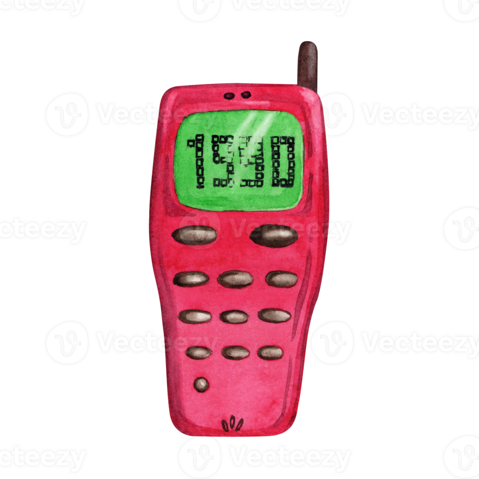 Pink mobile phone with green screen displaying 1990. Hand drawn watercolor illustration isolated on transparent background. Funky cellphone from 90s era. For colorful designs depicting retro culture png