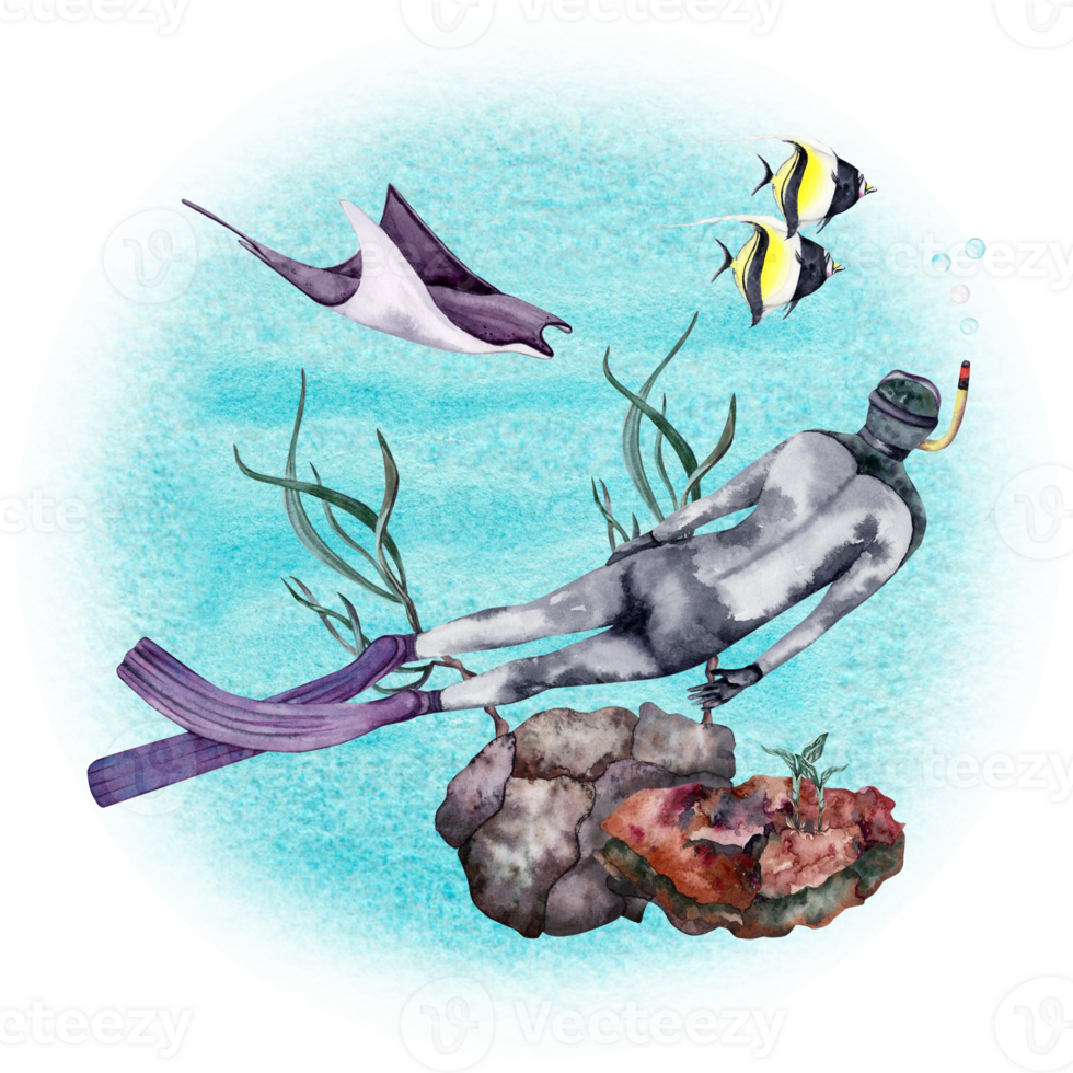 Meer Leben Komposition mit ein Taucher, Koralle Riff, Seetang, Marine Tiere und tropisch Fische. Aquarell Illustration auf transparent Hintergrund. zum Buch, Karte, Einladung, Flyer, Broschüre Designs png