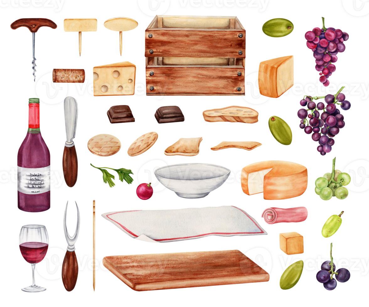 Food and drink menu tasting set with cheese slices, grapes, red wine, olives, crackers, serving board, table cloth, crate, knife and fork. Watercolor illustration isolated on transparent background. png