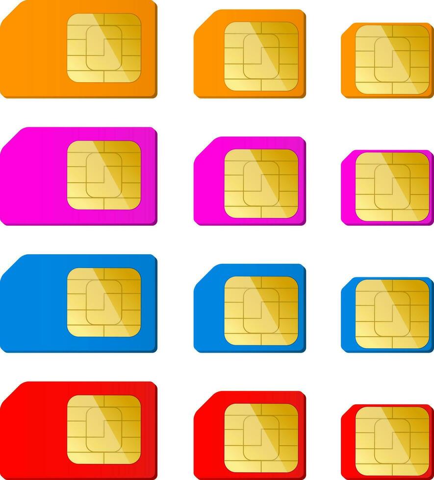 Mini, micro, nano sim card in red, blue, pink, orange color vector