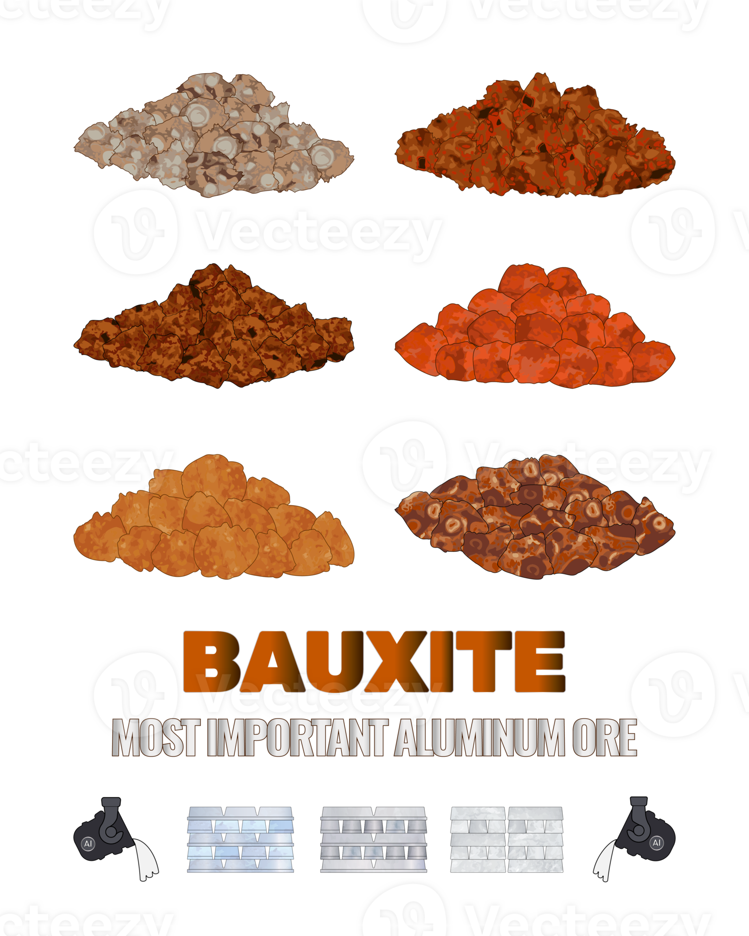 Set of illustrations of the most important aluminum ore is bauxite