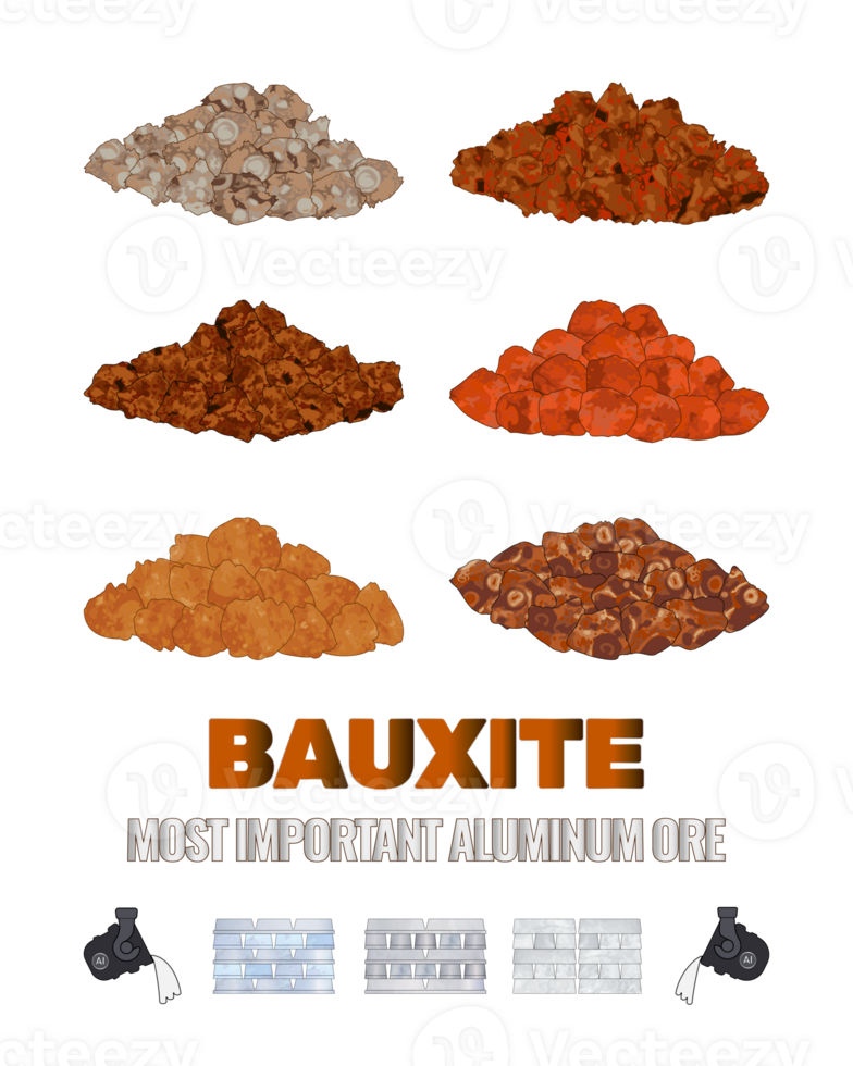 Set of  illustrations of the most important aluminum ore is bauxite. Mineral texture of ore and aluminum ingots. png