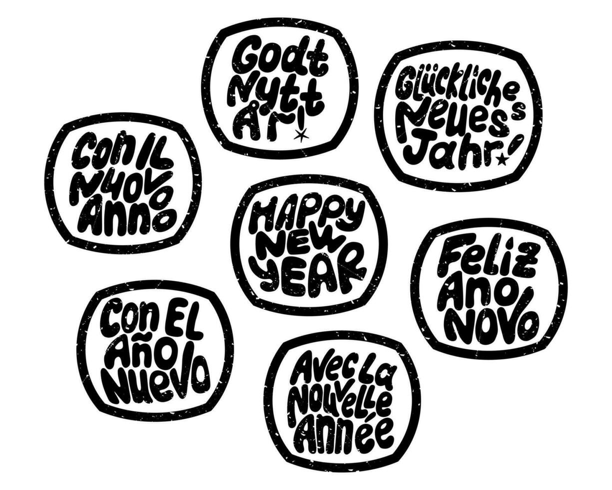 New Year grunge groovy stamps with scratches. Hand drawn black slogan Happy New Year in different languages in oval shape on white background. Typographic flat stickers vector