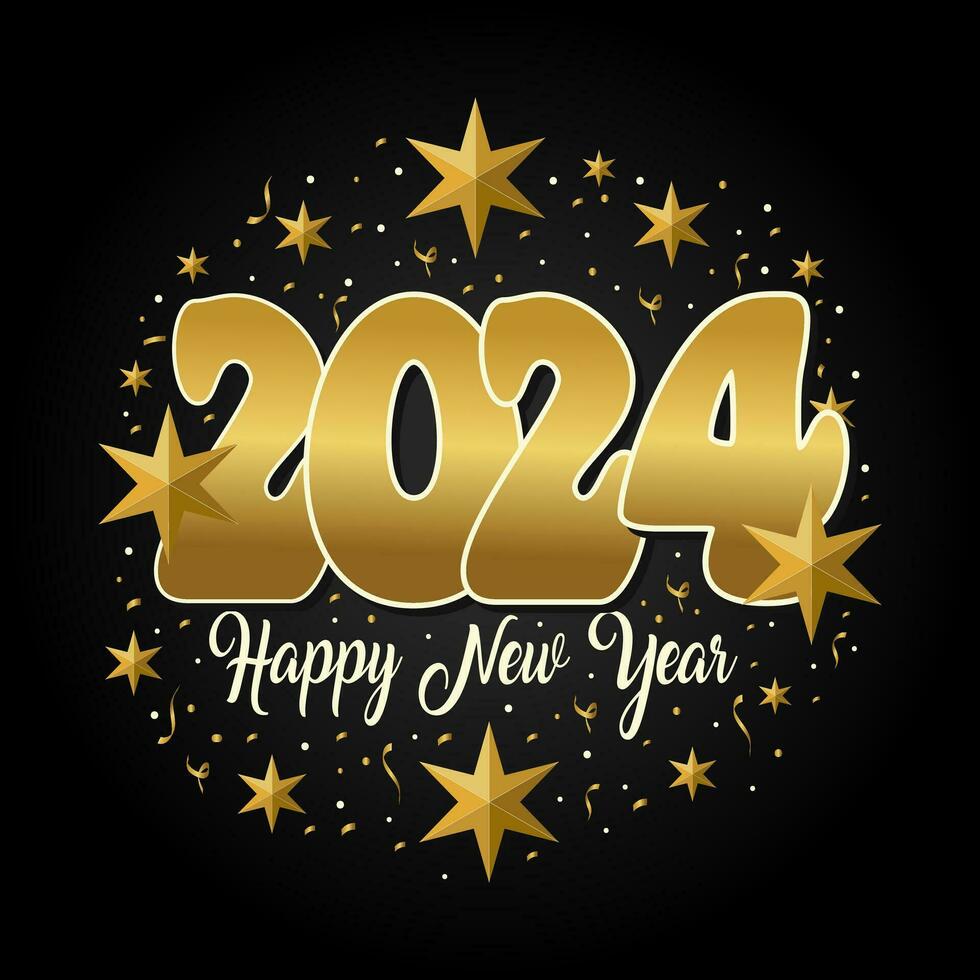 Happy New Year 2024. Festive holyday decorative elements handwritten lettering typography line design sparkle firework gold white blue year 2023 background vector