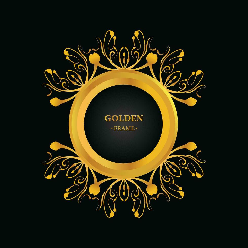 gold photo frame with floral design on a black background, Golden circle frame with ornament on black background. photo album Vector illustration for your home decoration design