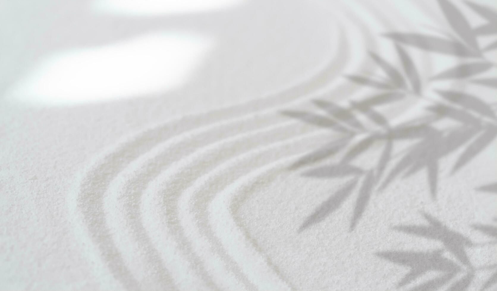 Zen Garden white sand surface with leaf shadow on circles,Sand texture with bamboo leaves shadow on spiritual pattern in Japanese style,,Harmony,Meditation,Zen like concept photo