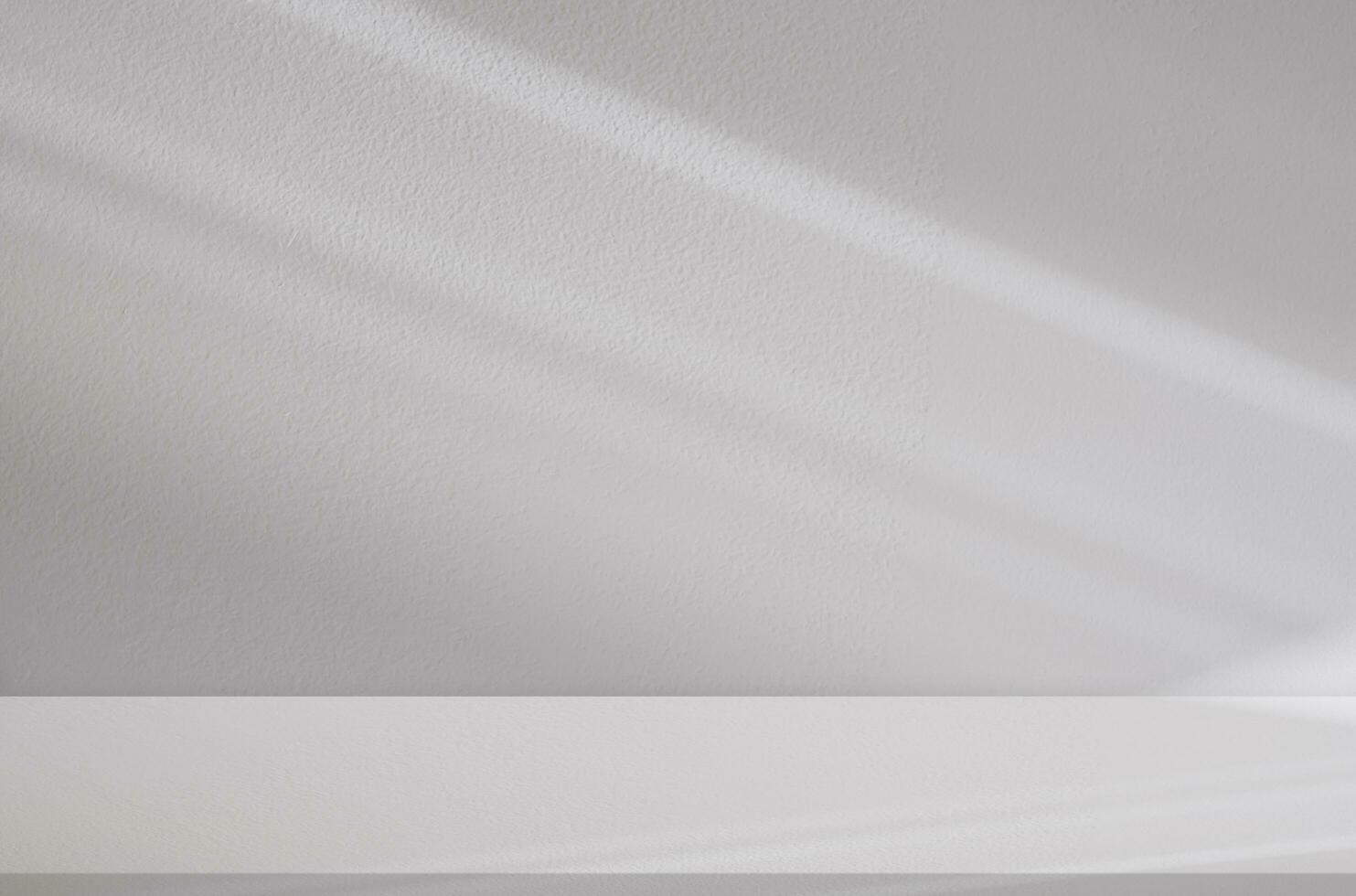 blanco pared hormigón estudio antecedentes con sombra y luz de sol efecto en piso, vacío fondo monitor gris cemento áspero superficie con naturaleza luz, pancarta para cosmética producto presentación foto