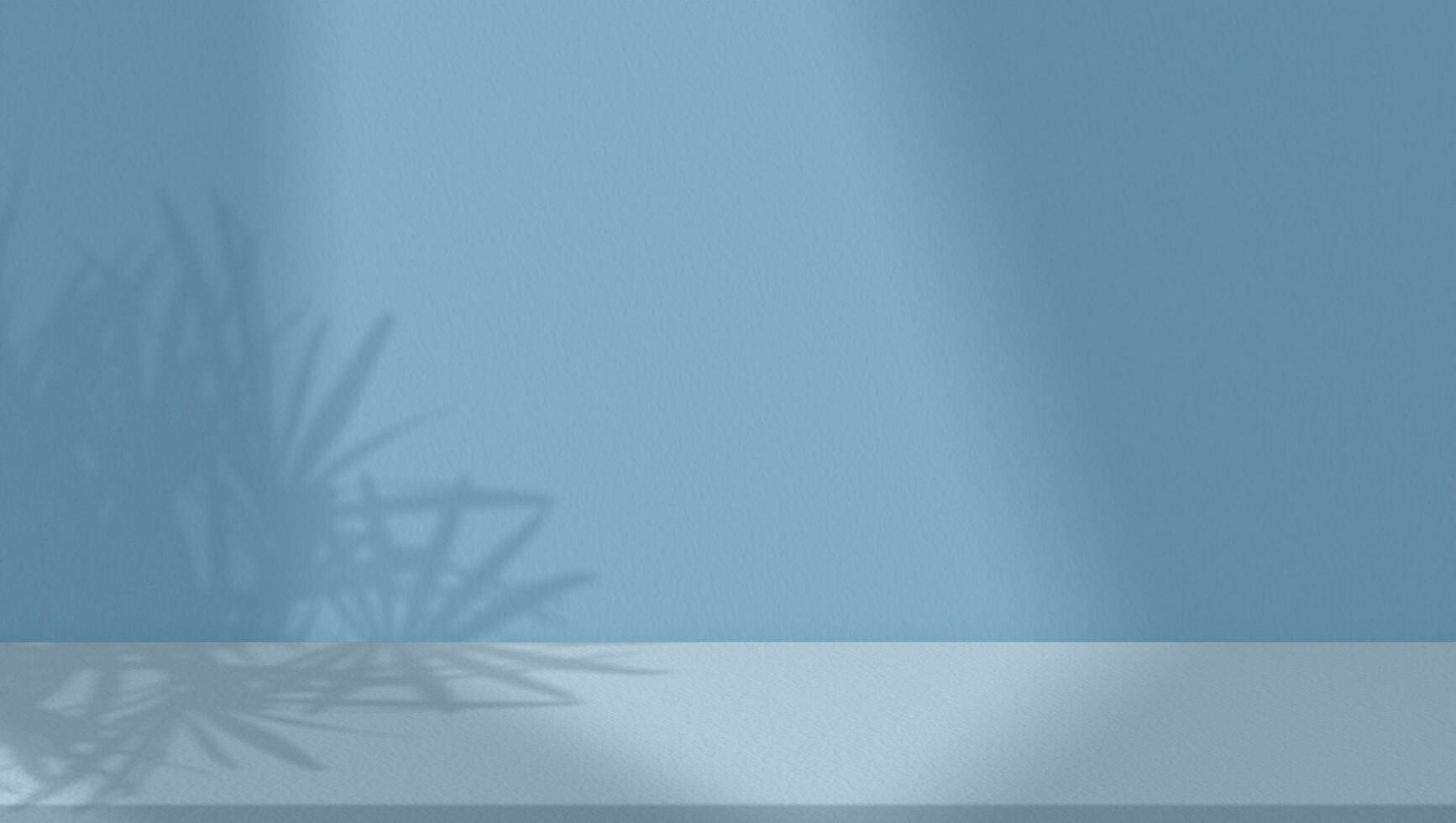 Background studio Cement room display with shadow palm tree and sunlight on blue wall texture background,Banner Backdrop for Spring ,Summer,winter Cosmetic Product Display,Mockup Beauty Presentation photo