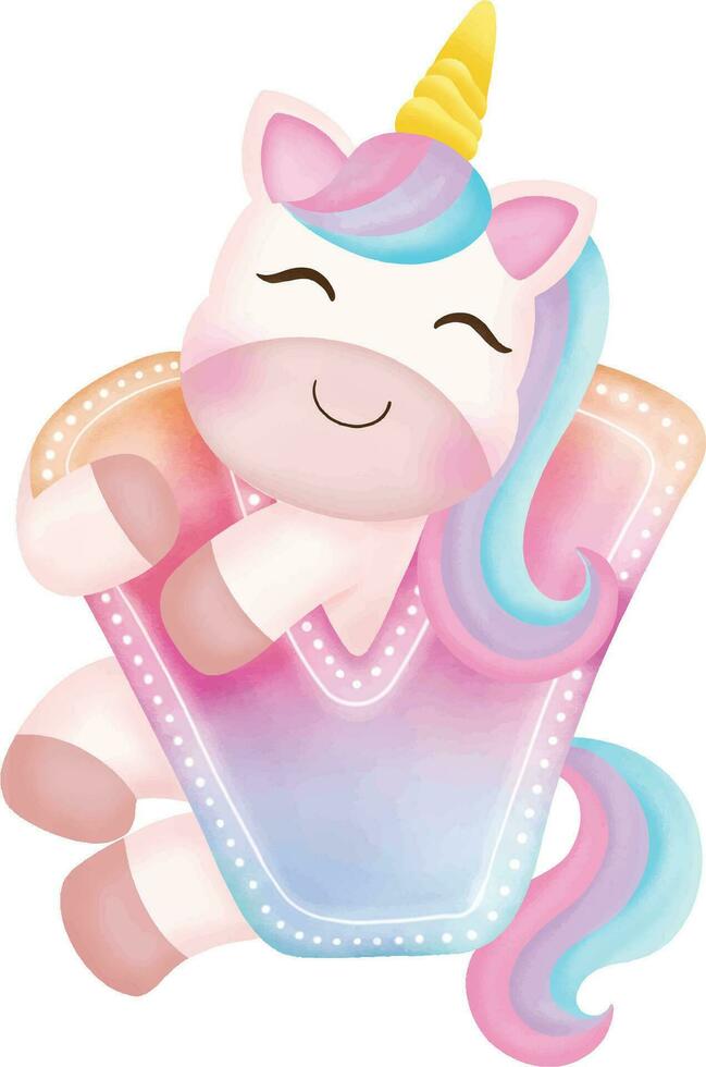 linda unicornio. el letra v con un linda unicornio. vector