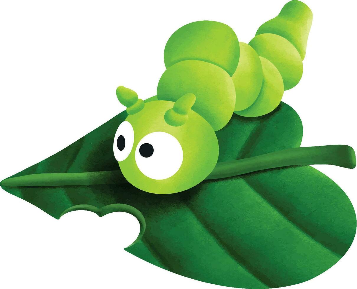 A cute green caterpillar cartoon character sits on a leaf. vector