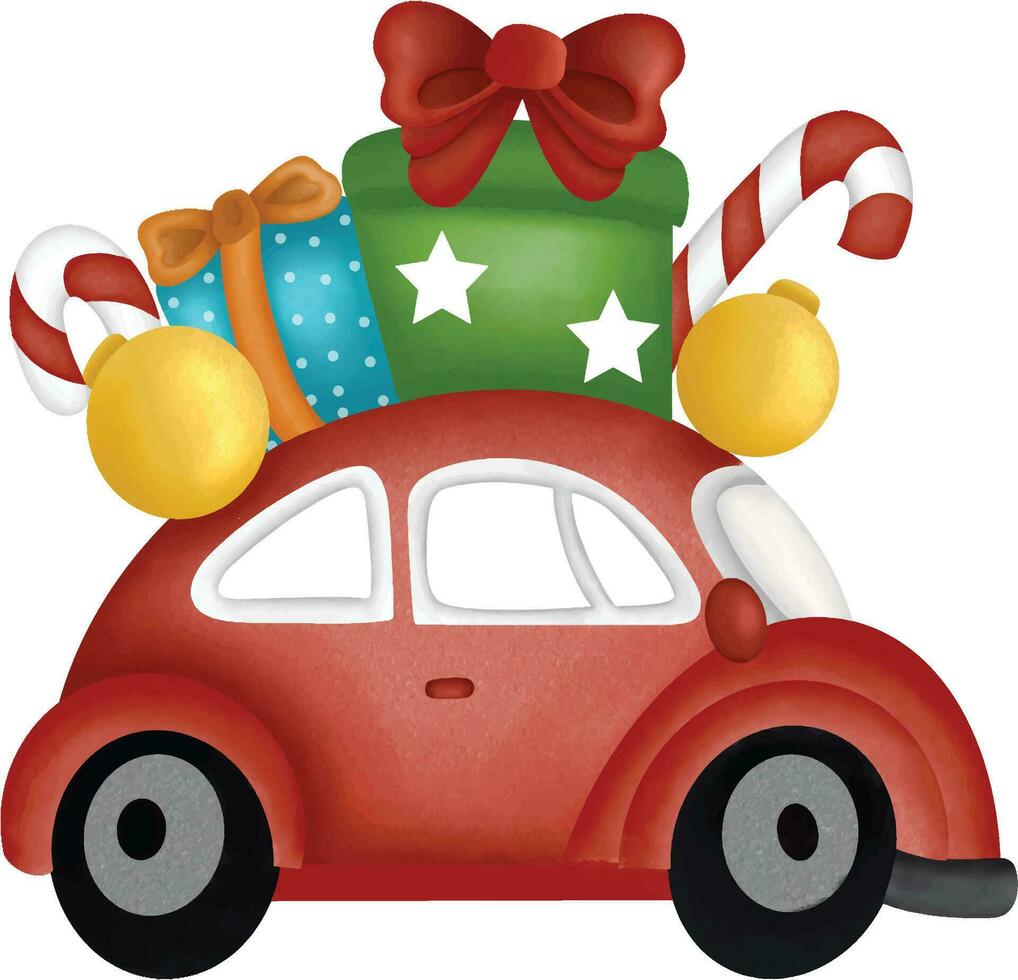 merry christmas in style red vintage car with gift box, christmas illustration vector