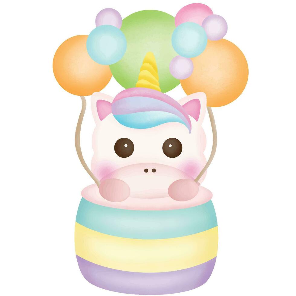 linda unicornio dibujos animados y pastel globo vector