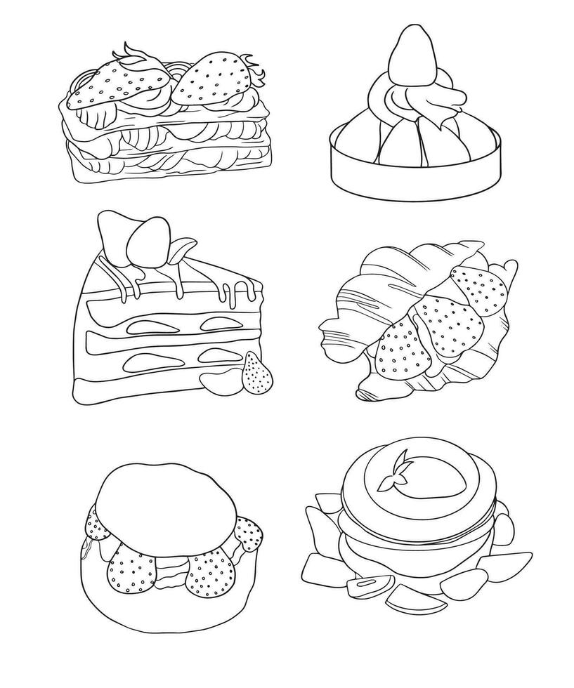 Sketch desserts. Vector set. Illustration of a cake with cream. Sweet dessert sketch