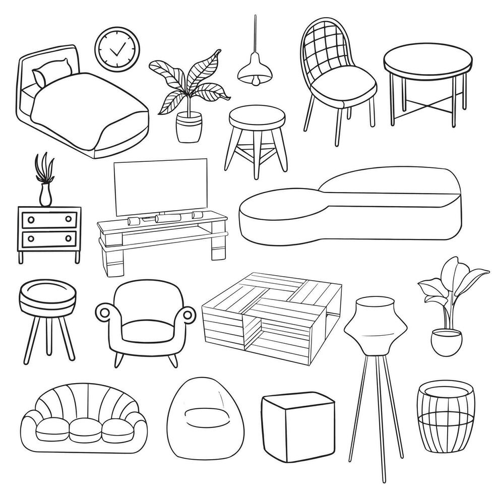 set of interior object in hand drawn doodle style vector