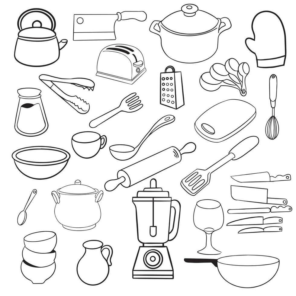 Kitchen doodles icon set. Hand drawn lines kitchen cooking tools and appliances, kitchenware, utensil cartoon icons collection. Vector illustration.