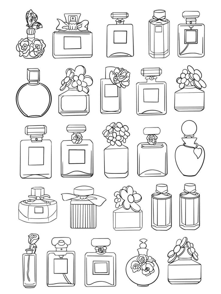Perfume bottle vector pattern, linear black and white sketch, beautiful vintage glass