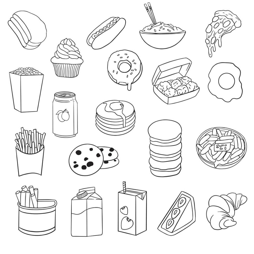 Vector illustration set of food items, desserts and drinks. painted on a white background