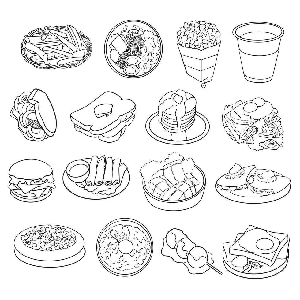 Variety of set menus including fries, hamburgers, pizza, sandwiches, salads and beverages. vector