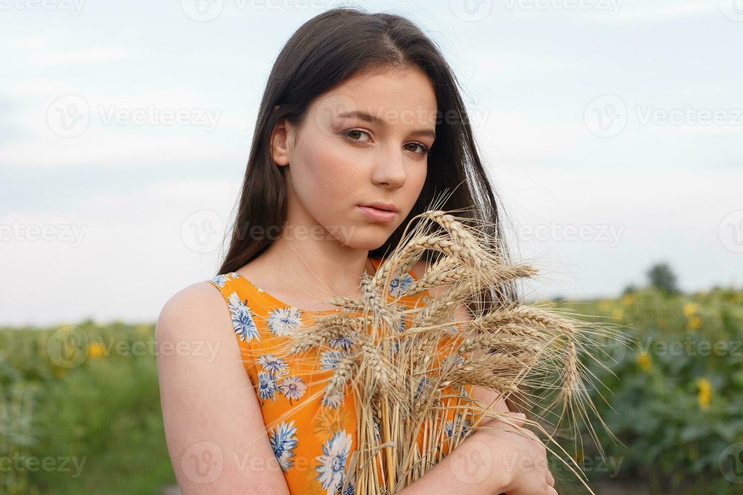 Closeup of beautiful woman in dress is keeping wheat crop photo