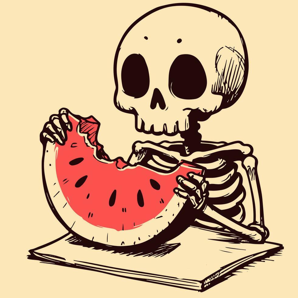 Digital art of a skeleton eating a slice of juicy watermelon. Hungry skull with bones holding a fruit on a table. Cartoon character getting ready to eat a snack. vector