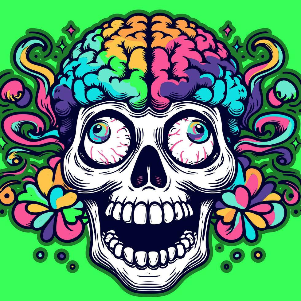 Psychedelic and colorful illustration of a funky skull with color splashes. Skeleton with a brain and trippy eyes. vector
