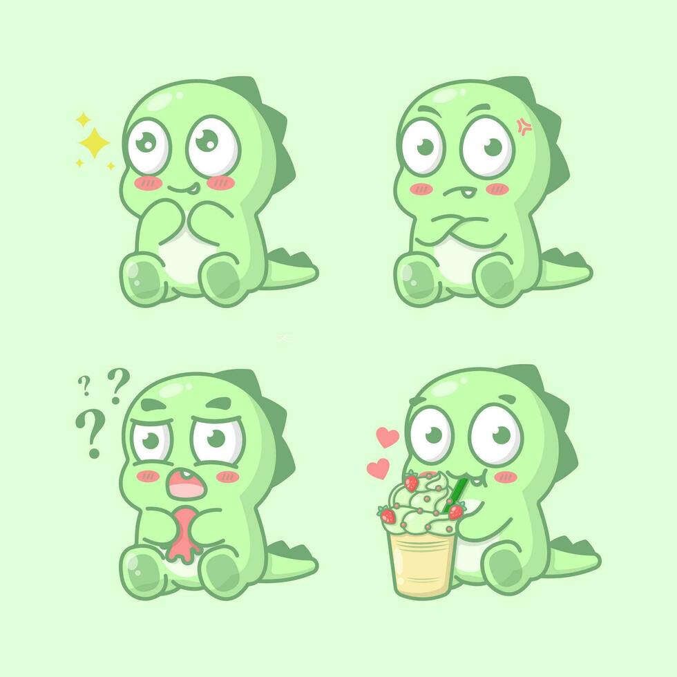 vector hand drawn green dino monster kawai cute illustration