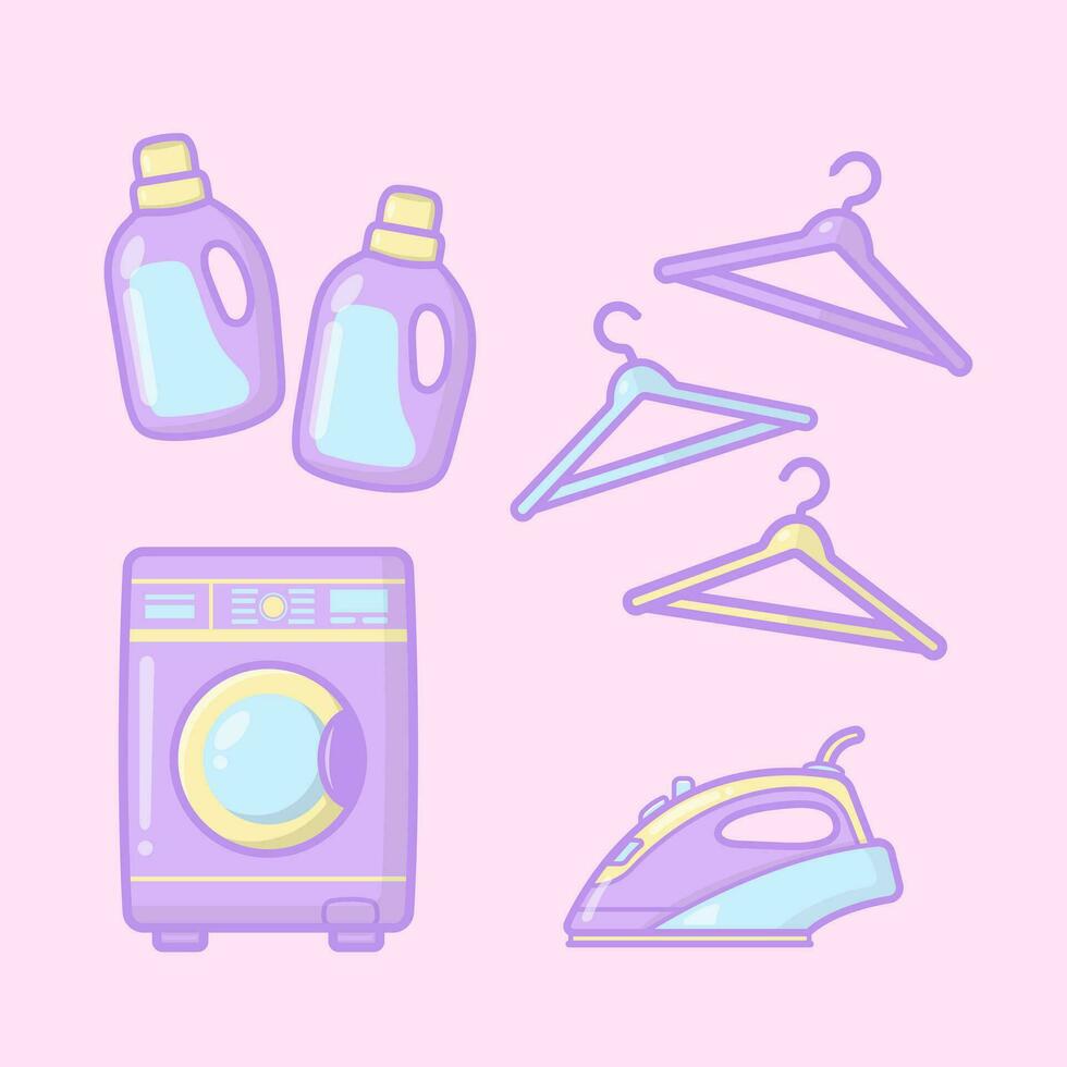 vector hand drawn laundry things washing machine detergent hanger iron illustration